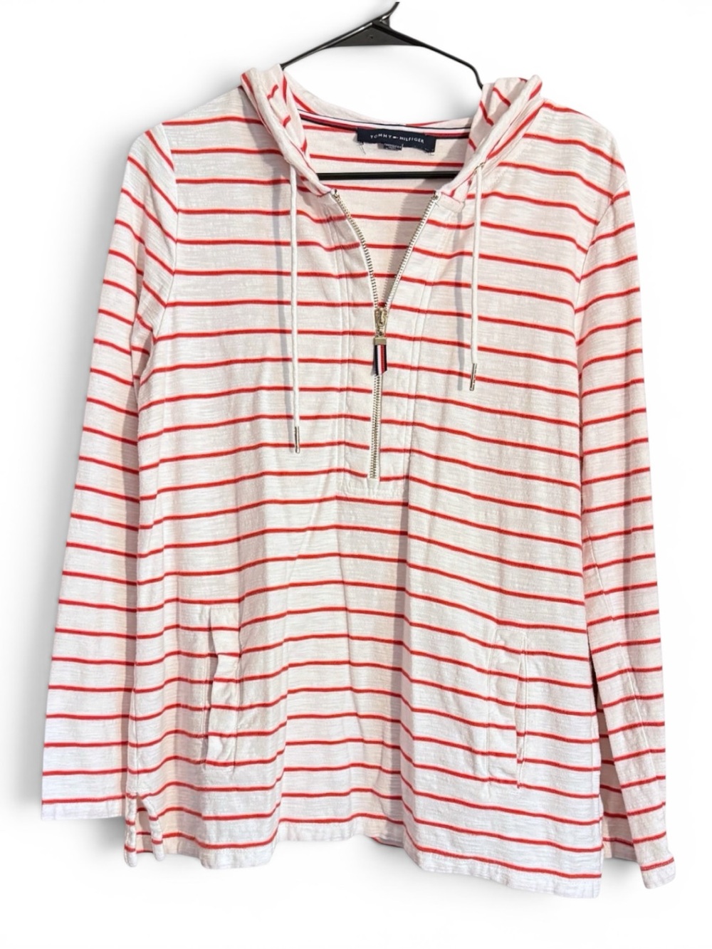 Tommy Hilfiger White and Red Striped Lightweight Hooded Pullover Size L